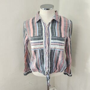 Harper Heritage Womens Medium Striped Tie Front Cotton Shirt Multi-Color 78739